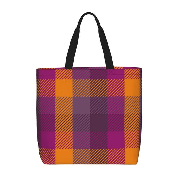 Naloa Purple Yellow Buffalo Plaid Tote Bag for Women, Foldable Tote Bag With Zipper, Large Shoulder Bag, Top Handle Handbag for Travel, Work, Shopping