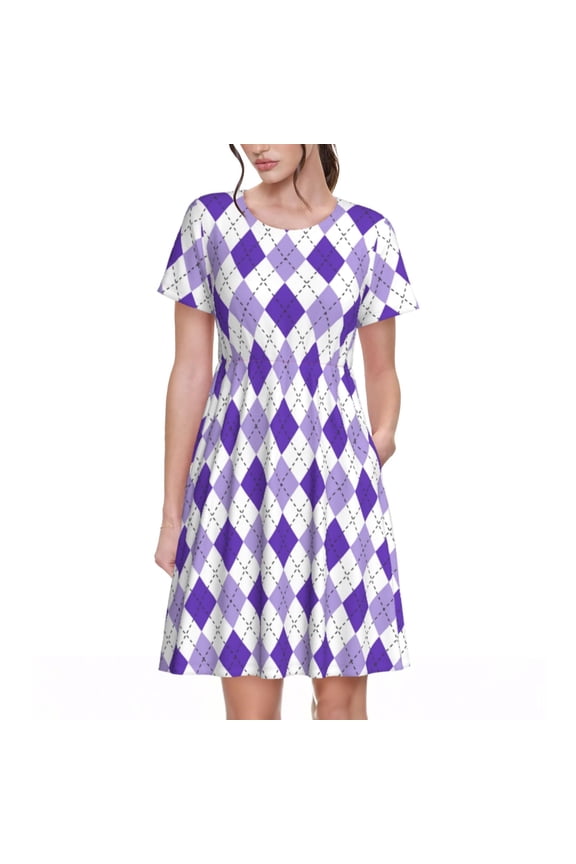 Purple argyle Print Womens Summer A-Line Dress with Pockets,Short Sleeve Dresses,Flowy Beach Swing Dress for Vacation Travel
