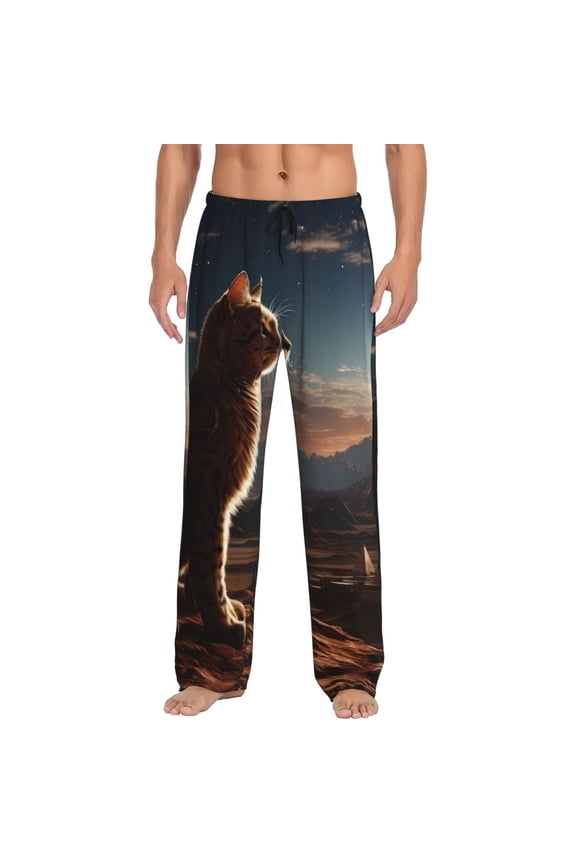 Pyramid Desert Cat Pajama Pants Men, PJ Bottoms, Sleep & Lounge Pants-Small