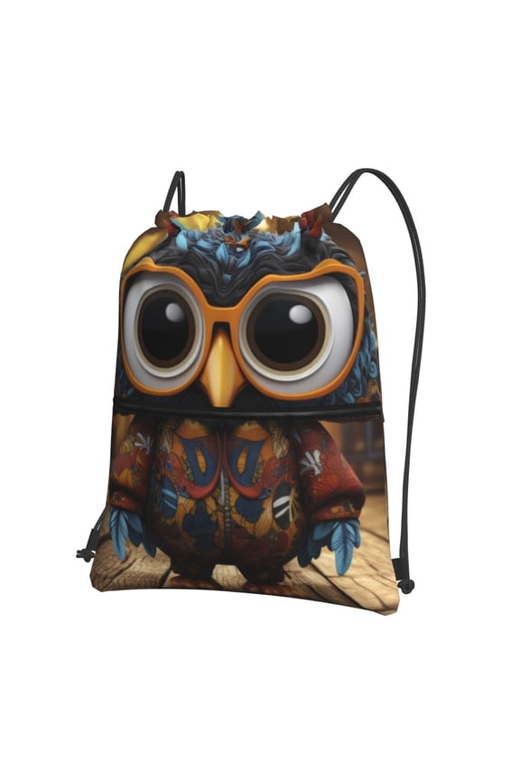 Quirky Owl With Glasses Drawstring Backpack String Bag Cinch Water Resistant for Gym Shopping Sport Yoga