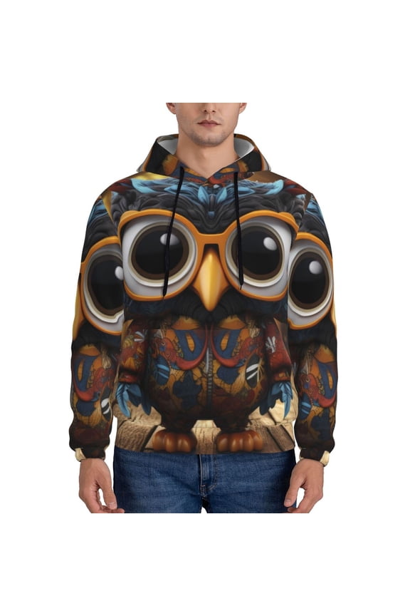 Quirky Owl With Glasses Men's Casual Hooded Collar Drawstring Hoodies Pullover Sweatshirts Casual Long Sleeve Shirts-Large