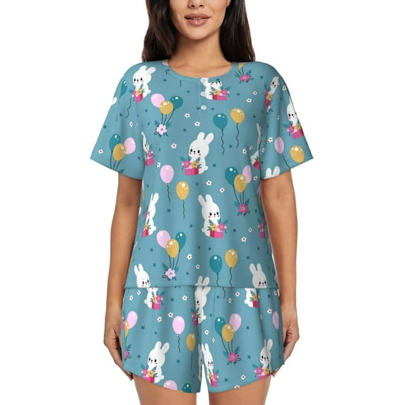 Naloa Rabbit And Balloon Women's Short-Sleeved Pajama Set, Loungewear, Summer pajamas, Breathable Cozy - 3X-Large