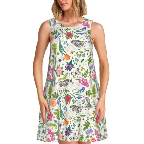 Naloa Rabbit And Butterfly Print Women's Summer Spring Casual Beach Sundress,Vacation Sleeveless Tank Crewneck Loose Dresses