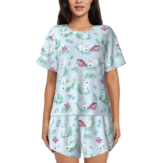 Naloa Rabbit And Butterfly Women's Short-Sleeved Pajama Set, Loungewear, Summer pajamas, Breathable Cozy - Small