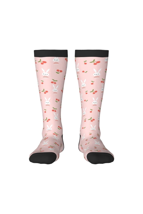 Rabbit And Cherry Thigh High Socks Extra Long Stretchy Sock Women Over Knee High Opaque Stocking Daily Wear