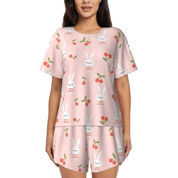 Naloa Rabbit And Cherry Women's Short-Sleeved Pajama Set, Loungewear, Summer pajamas, Breathable Cozy - X-Large