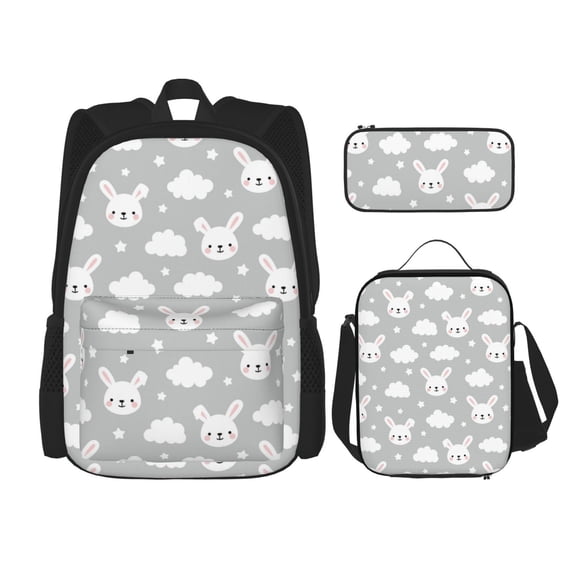 Naloa Rabbit And Cloud Print Large Capacity Backpack Lunch Bag Pencil Case Combination 3 Piece Set for Student