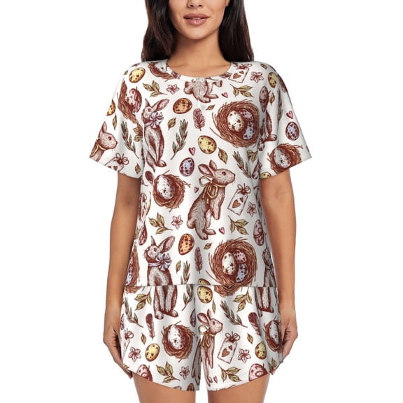 Naloa Rabbit And Egg Women's Short-Sleeved Pajama Set, Loungewear, Summer pajamas, Breathable Cozy - XX-Large