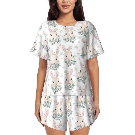 Naloa Rabbit And Flower Women's Short-Sleeved Pajama Set, Loungewear, Summer pajamas, Breathable Cozy - Large