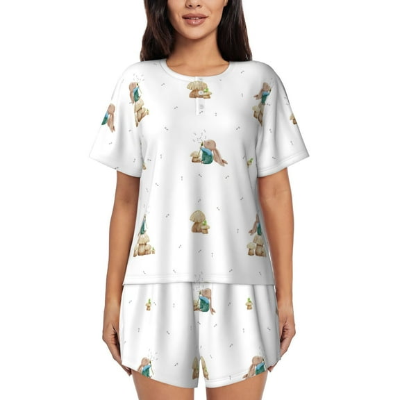 Naloa Rabbit Blowing Dandelions Women's Short-Sleeved Pajama Set, Loungewear, Summer pajamas, Breathable Cozy - Large