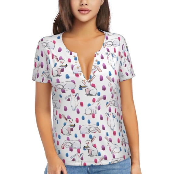 Naloa Rabbit Eating Print T-Shirts Short Sleeve V Neck Tees for Women Fashion Tops Trendy Lightweight Soft Casual Summer Outfits Clothes