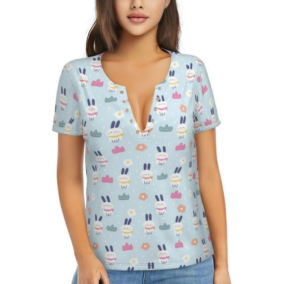 Naloa Rabbit In The Rain Print T-Shirts Short Sleeve V Neck Tees for Women Fashion Tops Trendy Lightweight Soft Casual Summer Outfits Clothes