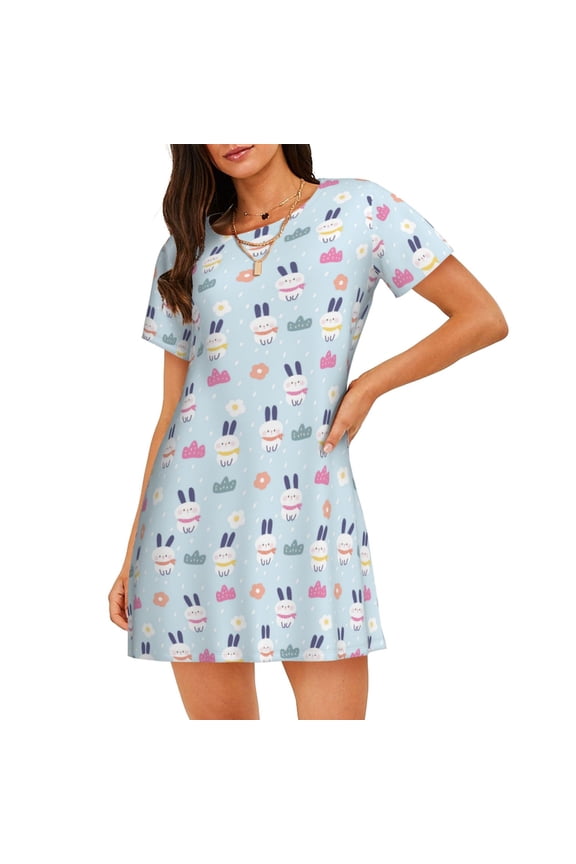 Rabbit In The Rain Print Women Nightgowns,Womens Loungewear,Short Sleeve Sleepwear,Comfy Ladies Nightdress