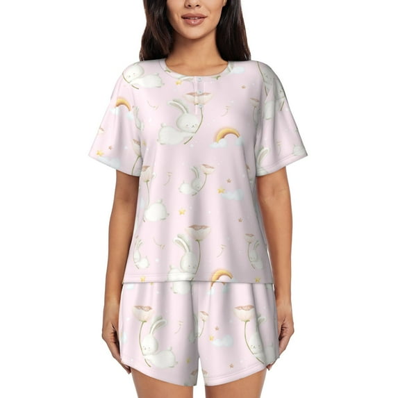 Naloa Rainboe And Rabbit Women's Short-Sleeved Pajama Set, Loungewear, Summer pajamas, Breathable Cozy - 3X-Large