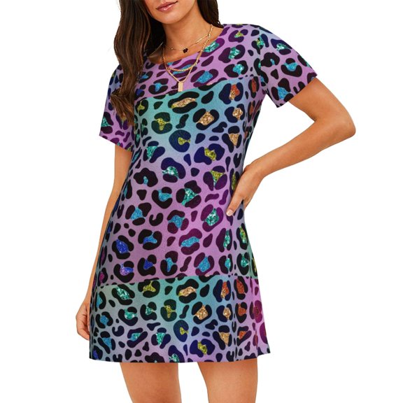 Naloa Rainbow Animal Skin Print Women Nightgowns,Womens Loungewear,Short Sleeve Sleepwear,Comfy Ladies Nightdress