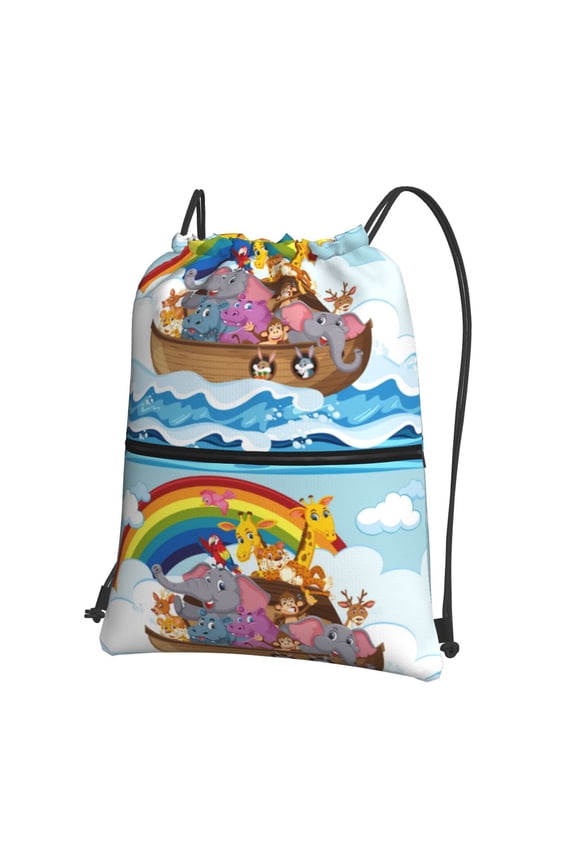 Rainbow Animals on Noah's Ark Drawstring Backpack String Bag Cinch Water Resistant for Gym Shopping Sport Yoga
