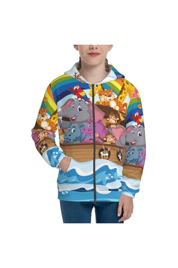 Rainbow Animals on Noah's Ark Teenage Zipper Hoodie, Long Sleeve Zip Up Hoodies Casual Jackets Tops for 7-12 Years-Small