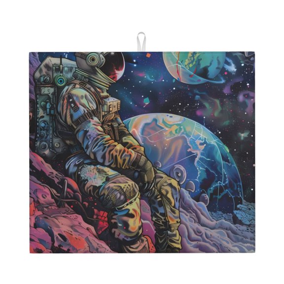 Naloa Rainbow Astronaut Space Landscape Dish Drying Mat for Kitchen Counter, Heat Resistant Drainer Mats, Absorbent Draining Mat,Dish Rack Pad,16"x18"
