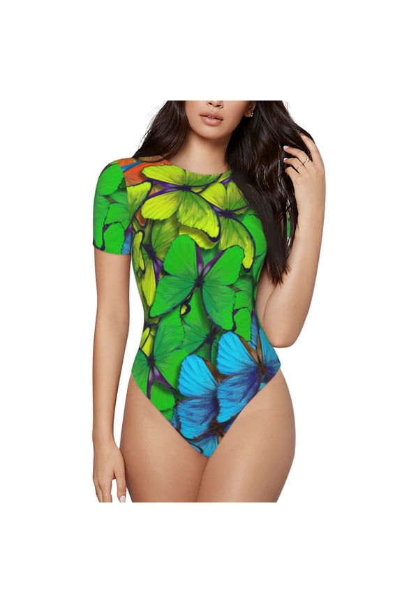 Rainbow Butterflies Bodysuits for Women, Women's Short-Sleeved Onesie, One-Piece for Parties, dates, clubs-Large