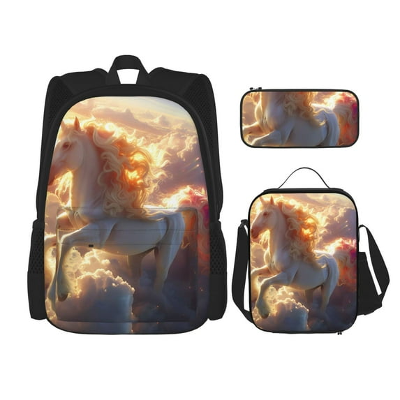 Naloa Rainbow Cloud White Horse Print Large Capacity Backpack Lunch Bag Pencil Case Combination 3 Piece Set for Student
