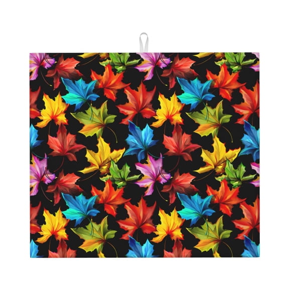 Naloa Rainbow Colorful Maple Leaves Dish Drying Mat for Kitchen Counter, Heat Resistant Drainer Mats, Absorbent Draining Mat,Dish Rack Pad,16"x18"