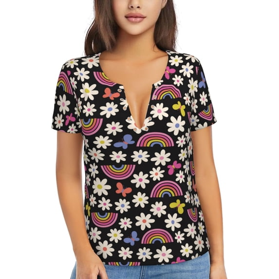 Naloa Rainbow Flowers Print T-Shirts Short Sleeve V Neck Tees for Women Fashion Tops Trendy Lightweight Soft Casual Summer Outfits Clothes