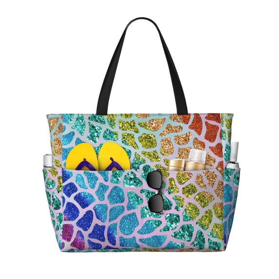 Naloa Rainbow Glitter Large Capacity Beach Bag, Waterproof Sandproof Beach Swim Pool Bag Tote Bag for Women