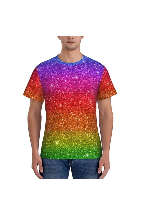 Rainbow Glitter Men's T-Shirt Sport T-shirt Men's Basic Tee Casual Men's Shirt, Round Neck, Short Sleeves - Large
