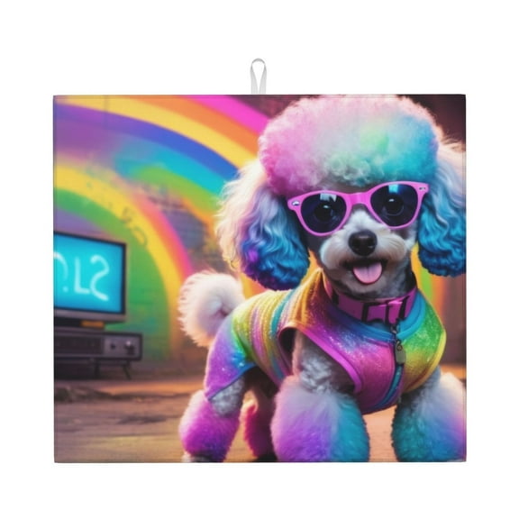 Naloa Rainbow Poodle Urban Street Dish Drying Mat for Kitchen Counter, Heat Resistant Drainer Mats, Absorbent Draining Mat,Dish Rack Pad,16"x18"