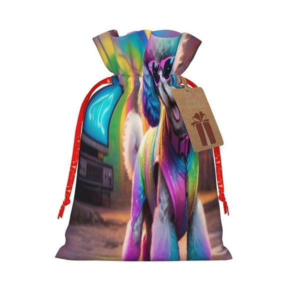 Naloa Rainbow Poodle Urban Street Drawstring Christmas Bags, 3D Xmas Gift Bags, Christmas Wrapping Bags, Xmas Goodie Bags, Treat Pouch Bags, Party Favor Bags-Small