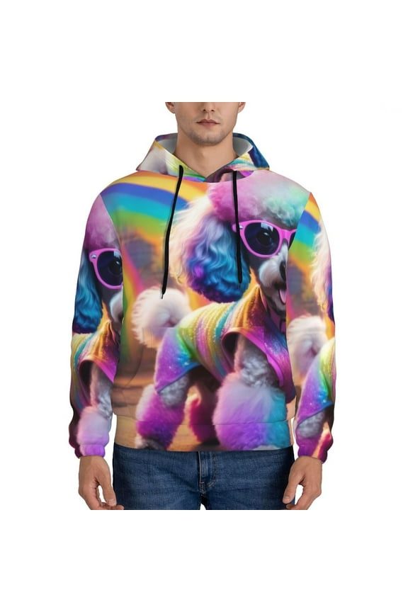 Rainbow Poodle Urban Street Men's Casual Hooded Collar Drawstring Hoodies Pullover Sweatshirts Casual Long Sleeve Shirts-Large