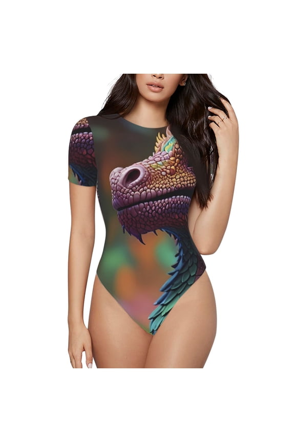 Rainbow Scales Fantasy Dragon Bodysuits for Women, Women's Short-Sleeved Onesie, One-Piece for Parties, dates, clubs-Medium