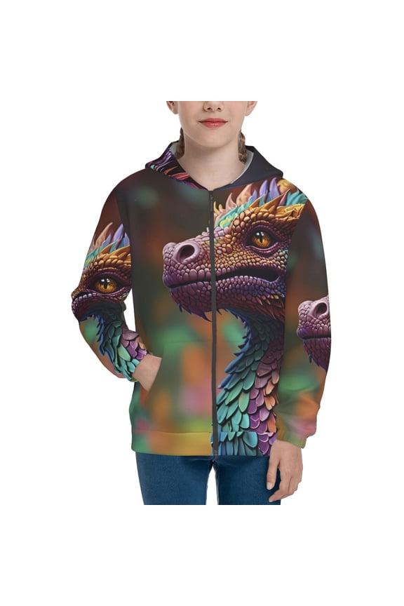 Rainbow Scales Fantasy Dragon Teenage Zipper Hoodie, Long Sleeve Zip Up Hoodies Casual Jackets Tops for 7-12 Years-Medium