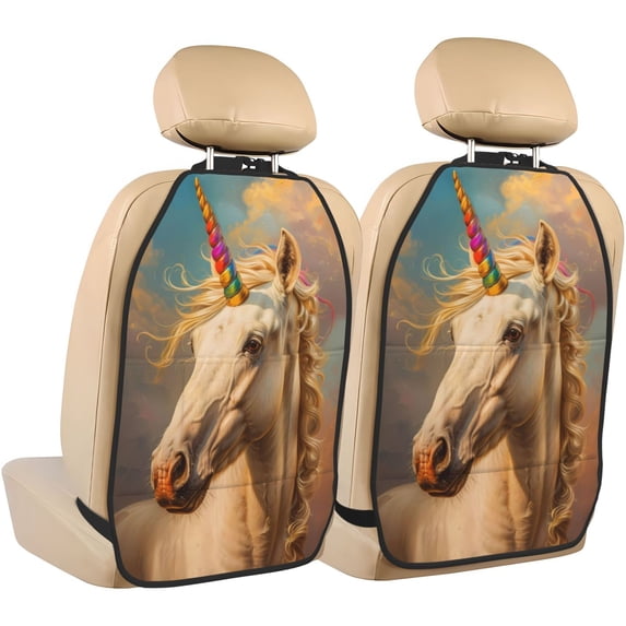 Naloa Rainbow White Horse 2Pcs Anti-Kick Back Seat Cover Kick Mat, Car Seat Protector with 3 Storage Pockets