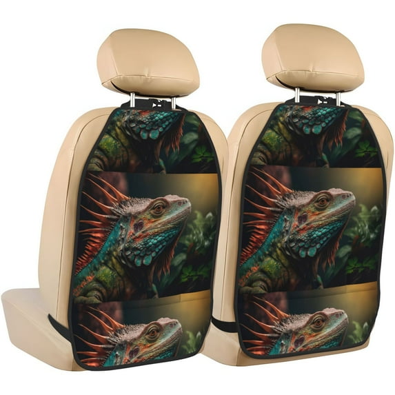 Naloa Realistic Colorful Chameleon 2Pcs Anti-Kick Back Seat Cover Kick Mat, Car Seat Protector with 3 Storage Pockets