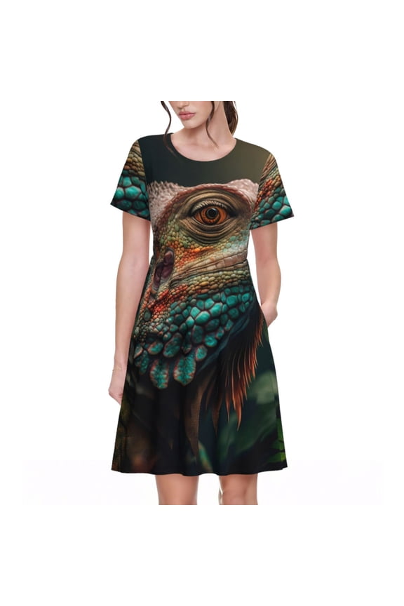Realistic Colorful Chameleon Print Womens Summer A-Line Dress with Pockets,Short Sleeve Dresses,Flowy Beach Swing Dress for Vacation Travel