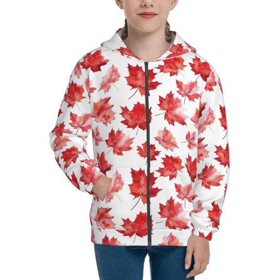Naloa Realistic Maple Leaf Teenage Zipper Hoodie, Long Sleeve Zip Up Hoodies Casual Jackets Tops for 7-12 Years-Small