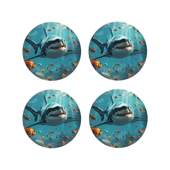 Naloa Realistic Ocean Shark Leather Coasters for Drinks, Durable Drink Coasters 4 Set for Tabletop Protection, Luxurious Home Décor and Housewarming Gift ( {designName})Round Shape