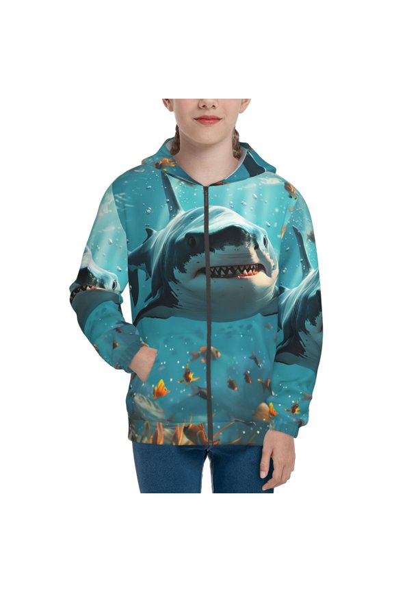 Realistic Ocean Shark Teenage Zipper Hoodie, Long Sleeve Zip Up Hoodies Casual Jackets Tops for 7-12 Years-Small
