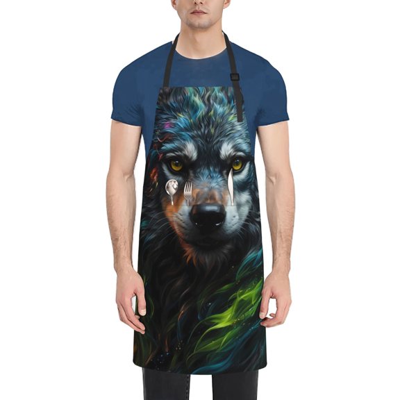 Naloa Realistic Style Green Fur Wolf Apron Kitchen Aprons with Pockets for Women Men Chef