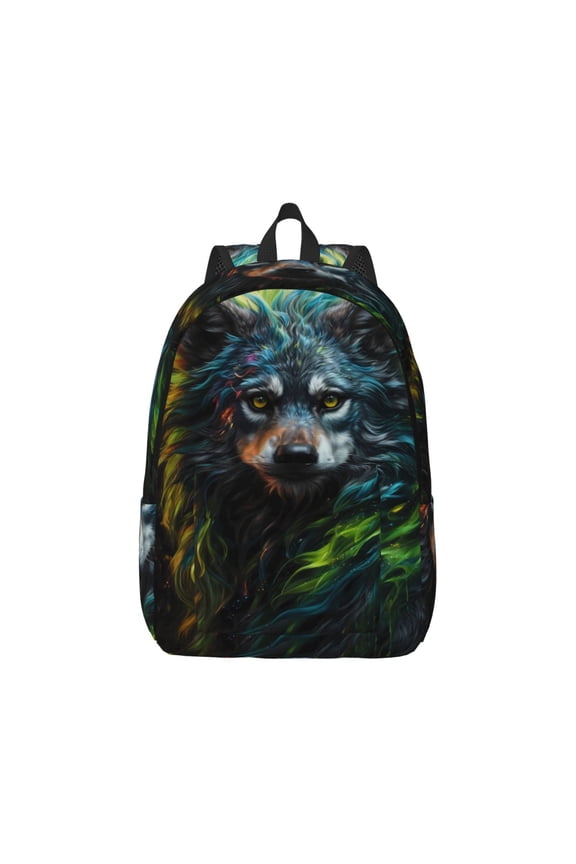 Realistic Style Green Fur Wolf Canvas Backpack for Men Women Rucksack Casual Travel Daypack College Tote Satchel Bookbag for Teens-Small