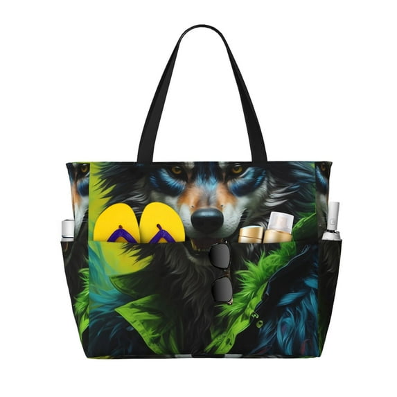 Naloa Realistic Style Wolf Warrior Large Capacity Beach Bag, Waterproof Sandproof Beach Swim Pool Bag Tote Bag for Women