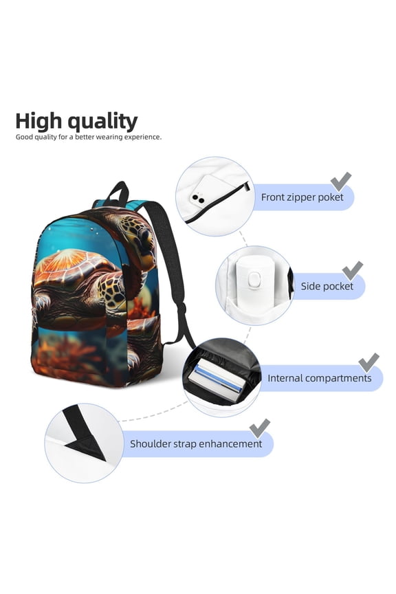 Realistic Turtle Print Durable Canvas College Rucksack,Laptop Excursion Backpack,Travel Notebook School Backpack,Bookbag For Men Women