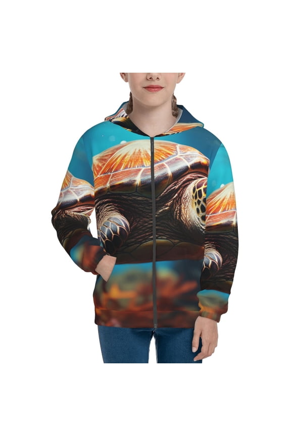 Realistic Turtle Teenage Zipper Hoodie, Long Sleeve Zip Up Hoodies Casual Jackets Tops for 7-12 Years-Small
