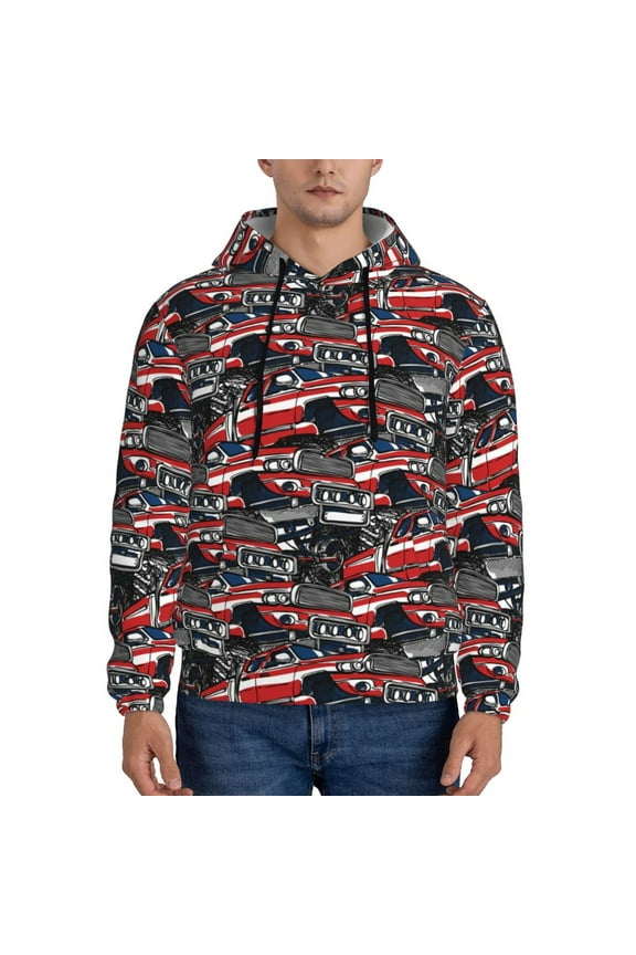 Red And Blue Cars Men's Casual Hooded Collar Drawstring Hoodies Pullover Sweatshirts Casual Long Sleeve Shirts-Large