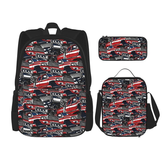 Naloa Red And Blue Cars Print Large Capacity Backpack Lunch Bag Pencil Case Combination 3 Piece Set for Student