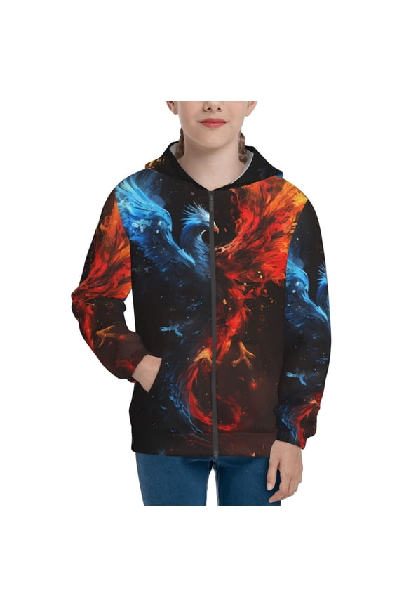 Red And Blue Fire Bird Teenage Zipper Hoodie, Long Sleeve Zip Up Hoodies Casual Jackets Tops for 7-12 Years-Small