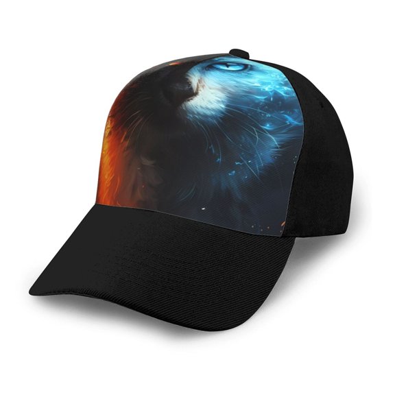 Naloa Red And Blue Fire Cat Adult adjustable Print Baseball Hat, Patchwork curved brim baseball capfor Men and Women, One Size