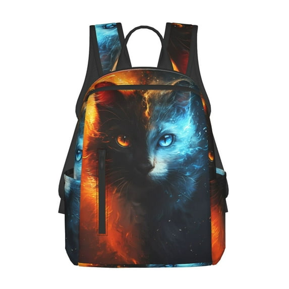 Naloa Red And Blue Fire Cat Print Lightweight DayBackpack Suitable for school, work, shopping, travel, etc.