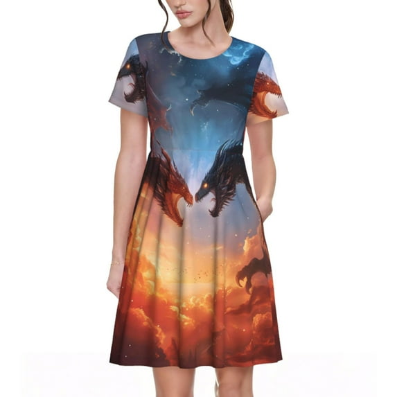 Naloa Red And Blue Fire Cloud Dragon Print Womens Summer A-Line Dress with Pockets,Short Sleeve Dresses,Flowy Beach Swing Dress for Vacation Travel